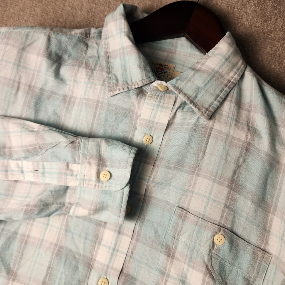 Faherty Brand Mens Large Plaid Button Down Shirt Light Blue White Long Sleeve